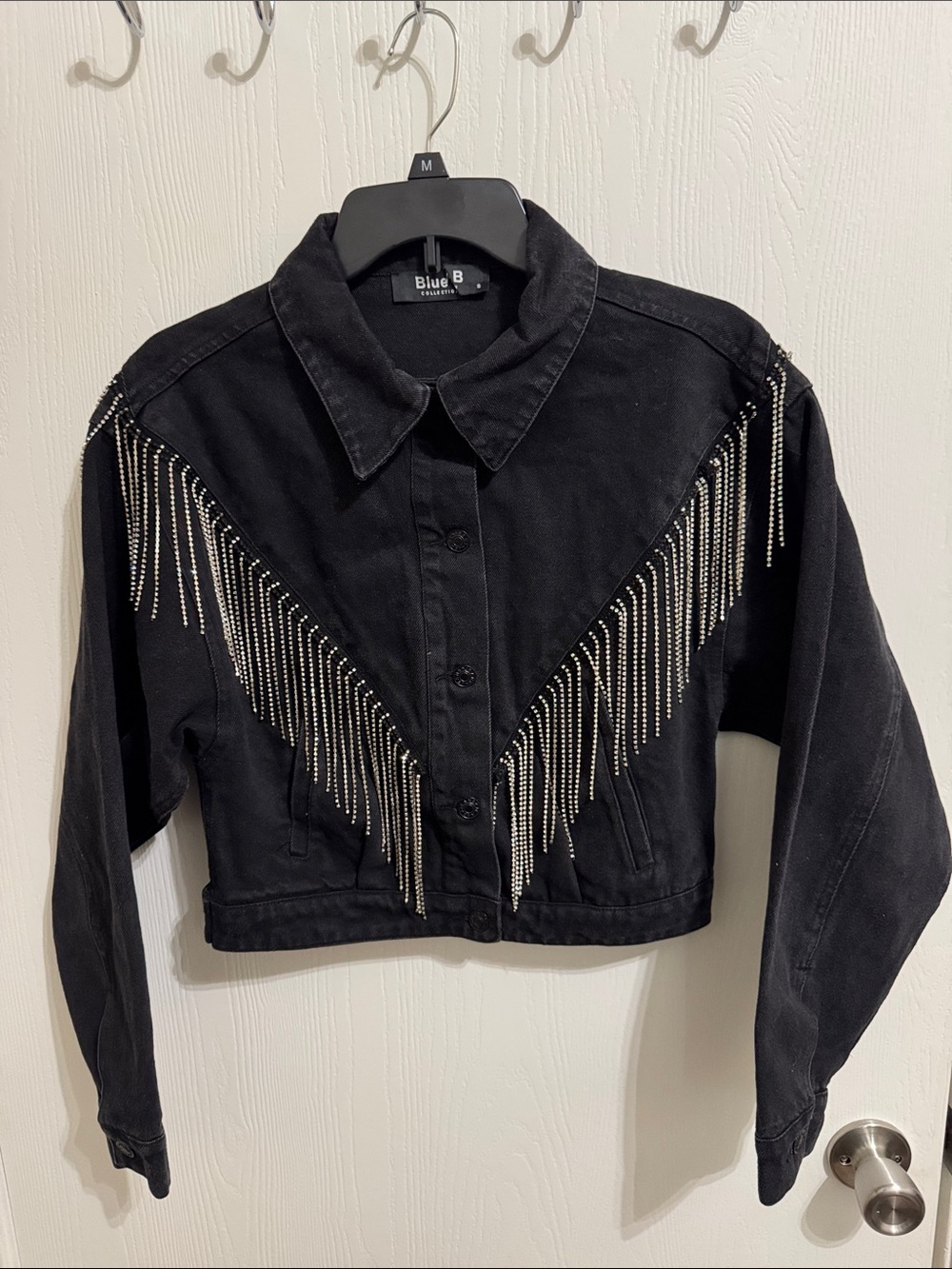 Blue B Rhinestone Fringe Crop Black Denim Jacket Western Button Down Women’s S